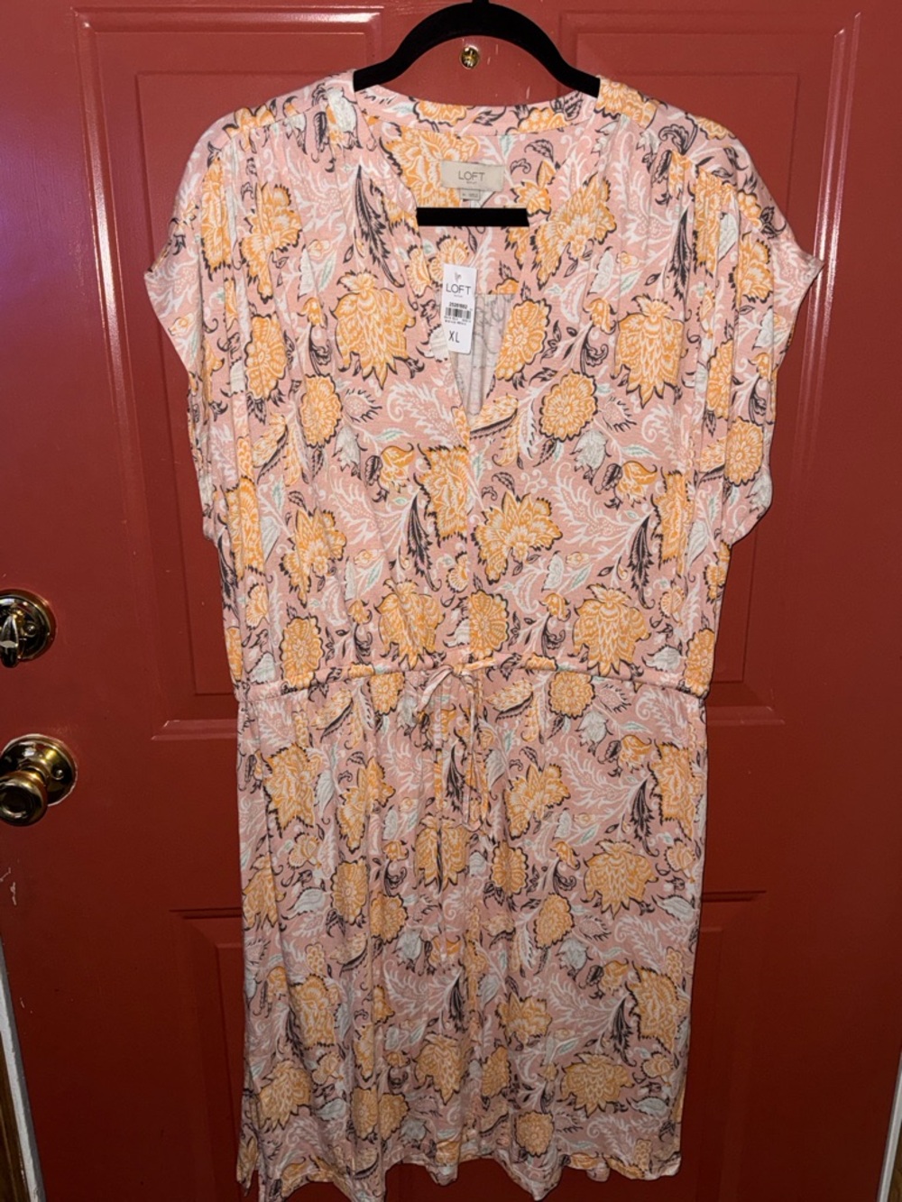 LOFT Pink and Yellow Floral Drawstring Midi Dress